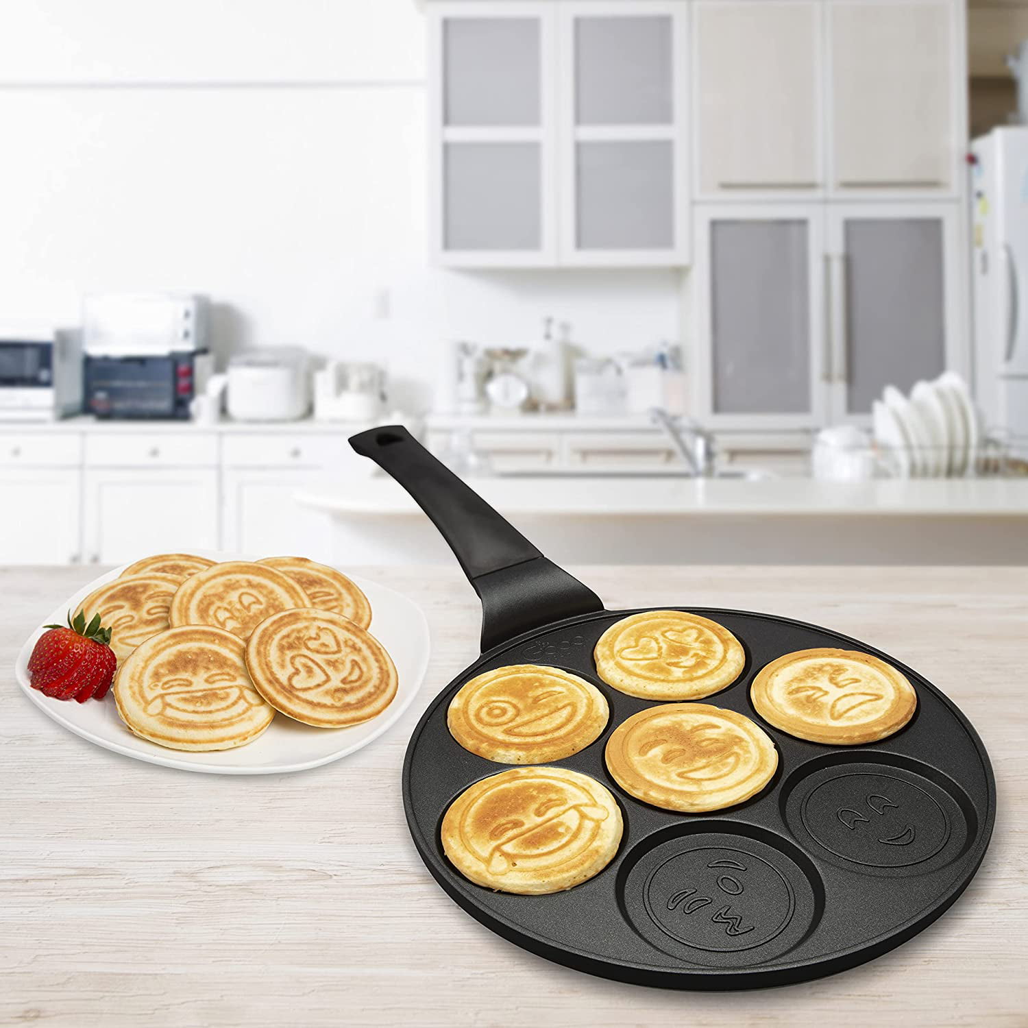 Bobikuke Pancake Pans For Kids,Pancake Shapes Pan,Mini Pancakes Maker  Nonstick Pancake Griddle 7 Hole Smiley Face Pancake Mold For Breakfast,10  Inch
