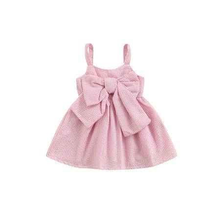 

Canrulo Summer Lovely Infant Baby Girls Dress Striped Printed Big Bowknot Strap Sleeveless A-Line Mini Sundress Pink 18-24 Months