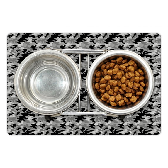 Black and Grey Pet Mat for Food and Water, Stain Like Camouflage Pattern in Gloomy Greyscale Tones, Non-Slip Rubber Mat for Dogs and Cats, 18" X 12", by Ambesonne