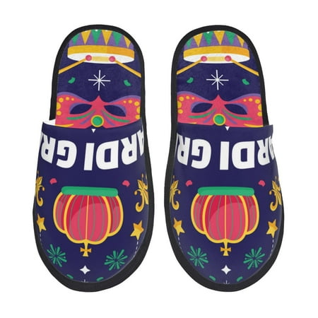 Balery Happy Mardi Gras Slient Indoor Furry Fleece Comfort House Shoes Soft Non-Slip Home Shoes Cotton slippers House Slippers-- Large