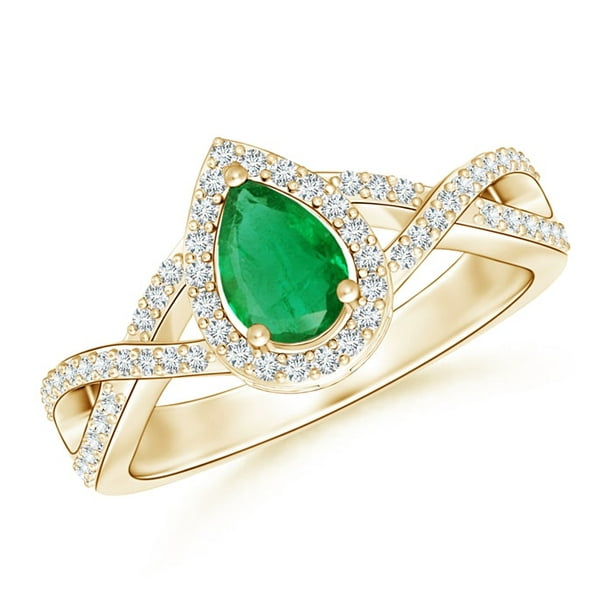 May Birthstone Ring - Twist Shank Pear Emerald Ring with Diamond Halo ...