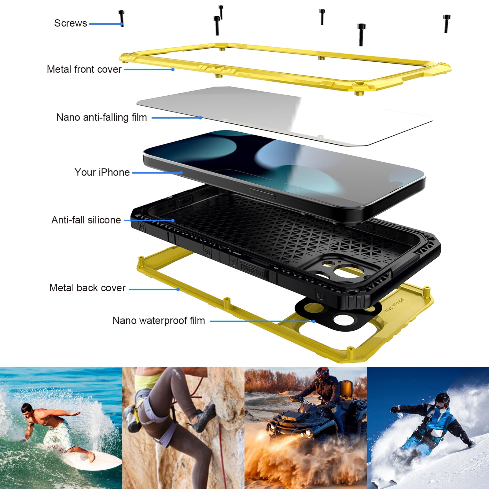 for iPhone 15 Pro Max Case, Military Grade IP68 Waterproof Dustproof Shockproof Full Body Sealed Underwater Case with Built-in Screen Protector Heavy Duty Metal Rugged Defender Phone Case,Yellow