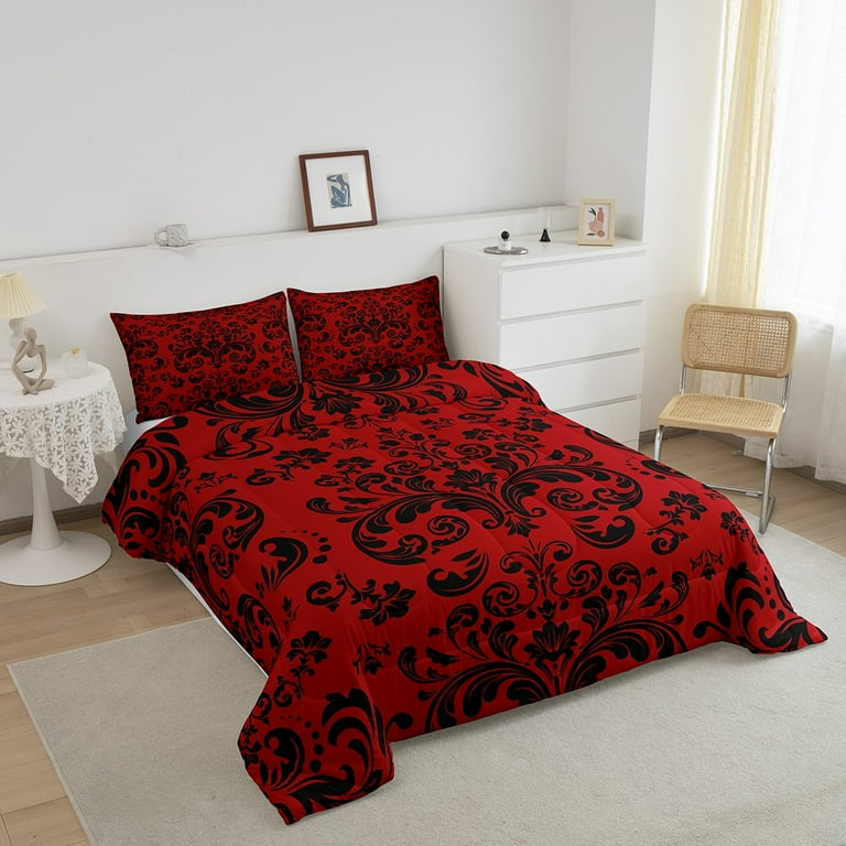 Volwassenen Rood Damast Beddengoed Set Antiek Victoriaans Barok Dekbedovertrek Super King, Gothic Vintage Bloemen Dekbed Cover Exotische Suiker Schedel Dekbedovertrek, Gothic Bone Skelet Bohemian