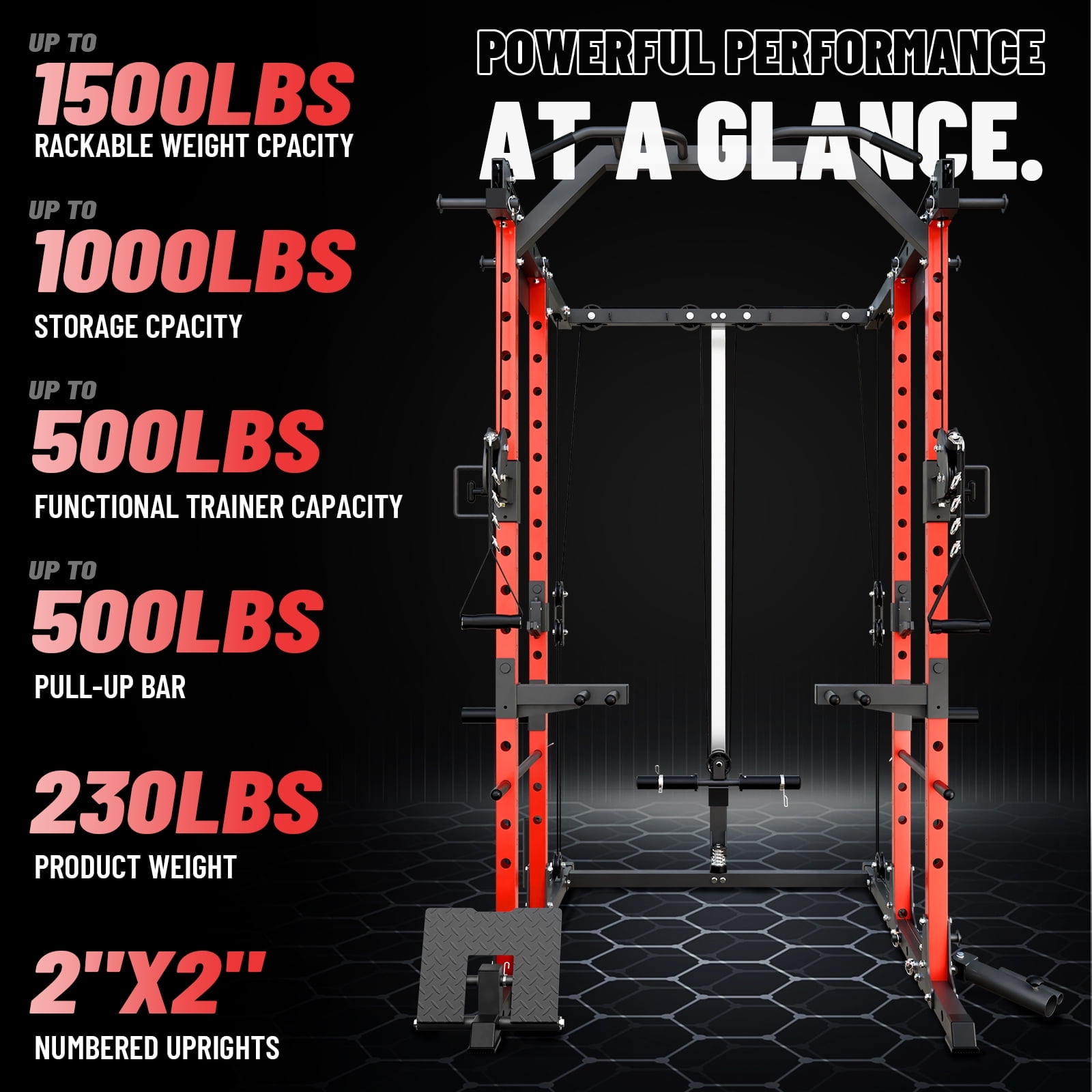 Mikolo Power Rack Cage, 1500LBS Weight Cage with 800LB Capacity Adjustable Weight Bench, 1500LB Capacity Barbell and 230LB Weight Plate set Red