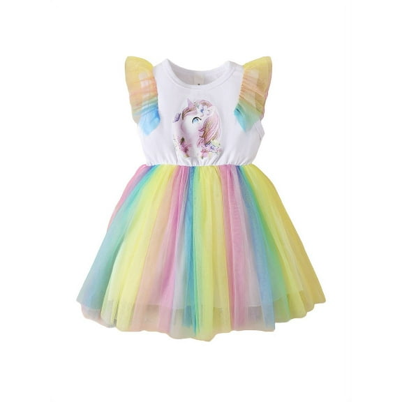 Mikrdoo Little Girls Dress 5 Years Kid Girls Unicorn Print 6 Years Kid Girls Summer Sleeveless Gauze Dress One Piece Sun Dress White