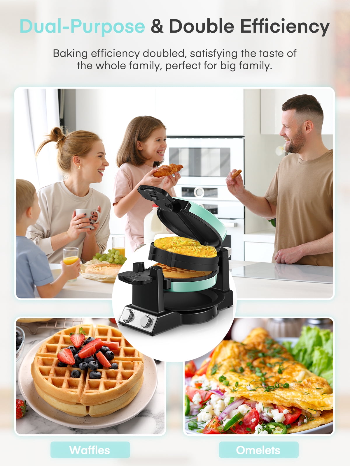 FOHERE 2-in-1 Waffle Maker & Omelette Maker, 1400W 180° Flip Rotating & Nonstick Pans, Blue, New