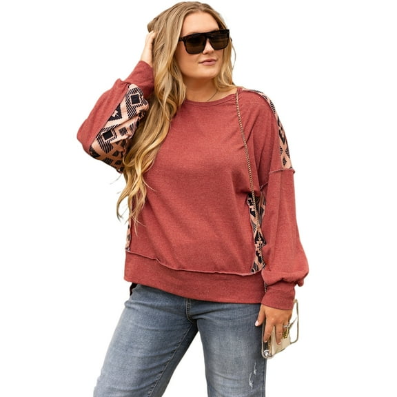 Plus Size Women's Redwood Burl Aztec Patchwork Drop Shoulder Sweatshirt | [ZhiHiMeRi] | (US 26W-28W)4X