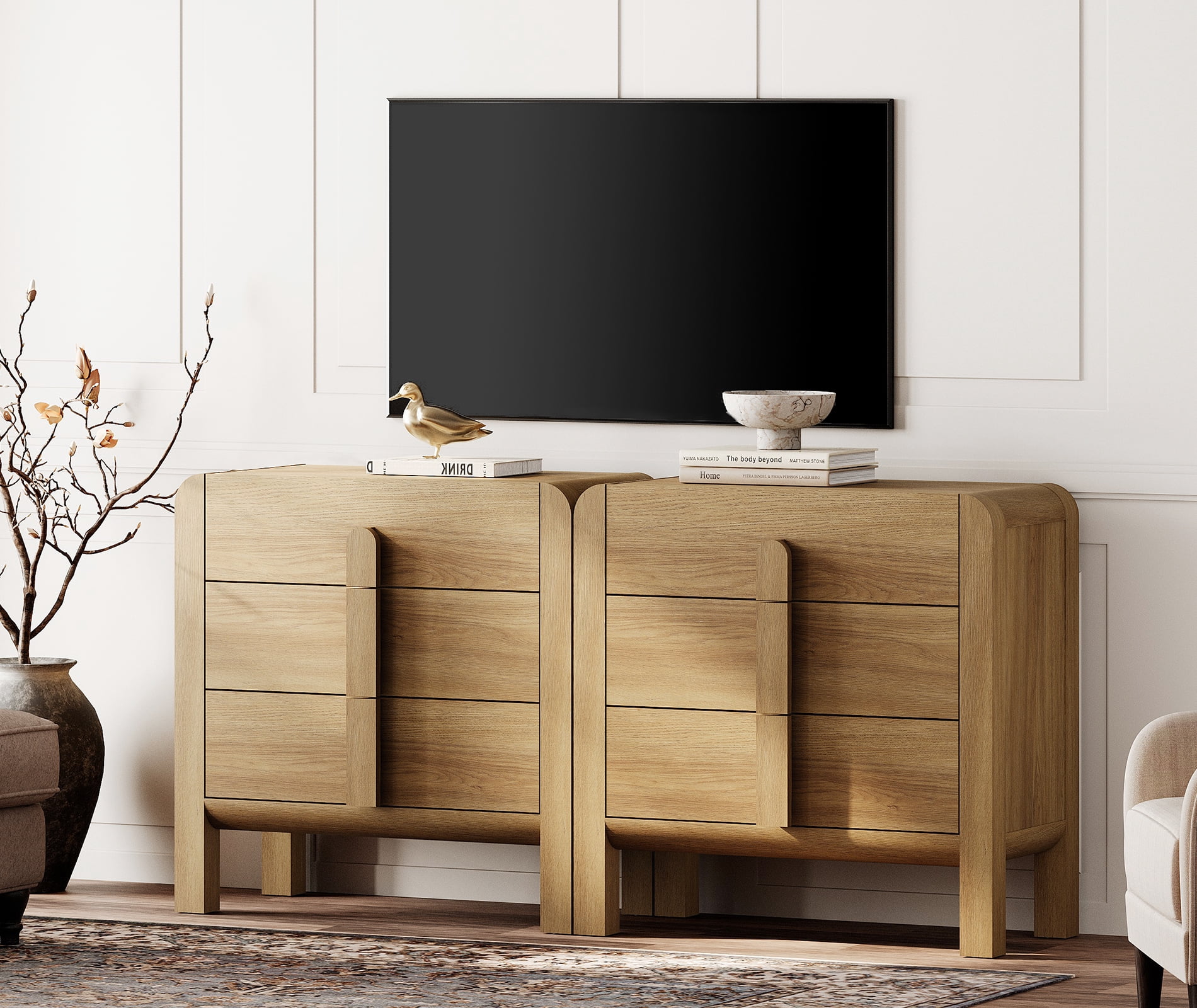 3 Drawer Curved Dresser for Bedroom Set of 2, Mid Century Modern Chest of Drawers, Wood Storage 6 Drawer Dresser Organizer for Bedroom Living Room Hallway Closet