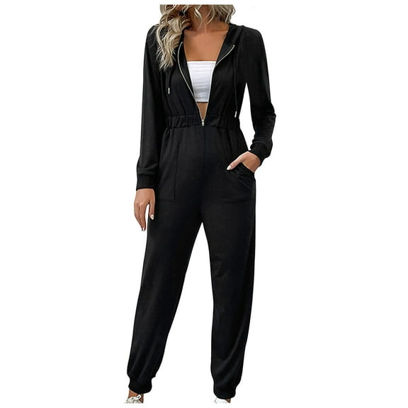 Henpk Jumpsuits For Women Dressy Plus Size Clearance Summer Womens Jumpsuits And Rompers Women'S Casual Fashion V-Neck Long Sleeve Hooded Zipper Long Jumpsuit Black XL