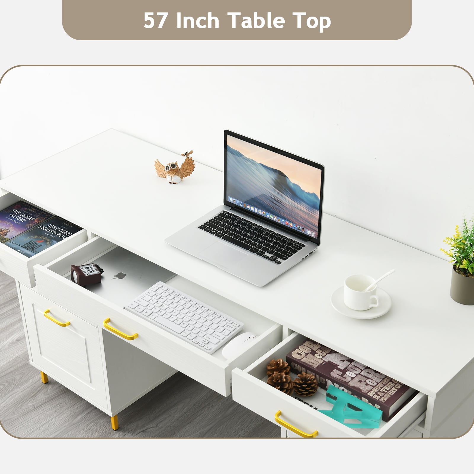 DreamCurship White Desk with 7 Drawers, White and Gold Desk with Storage,  57" Executive Desk with File Drawers, White