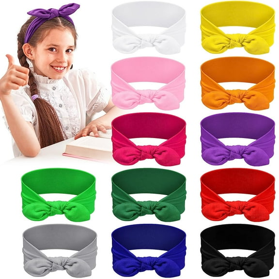 Lsupdaol 12 Pack Colorful Polyester Cloth Headbands for Girls Removable Rabbit Ear Bow Hairbands Hair Accessories, 12 Colors