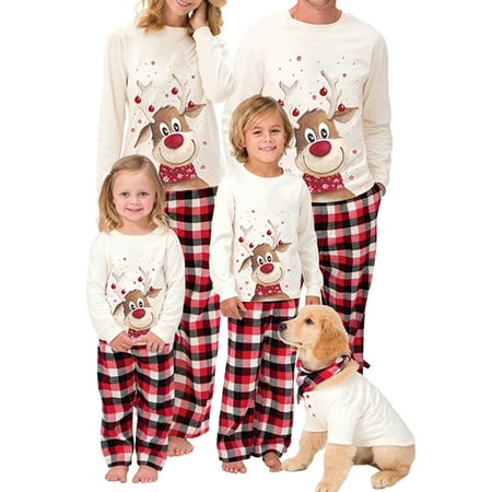 Christmas Family Matching Pajamas Set Adult Kids Baby Deer Printed Tops+Plaid Pants Sleepwear Nightwear Set