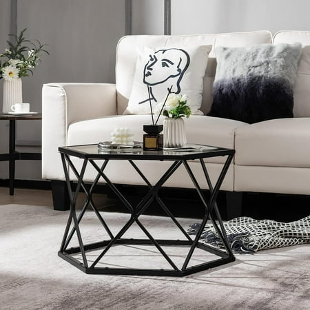 

TYAPCS Hexagonal Glass Coffee Table End Table w/Tempered Glass Top & Sturdy Metal Legs Modern Center Table Geometric Small Glass Table for Living Room Reception Room Black