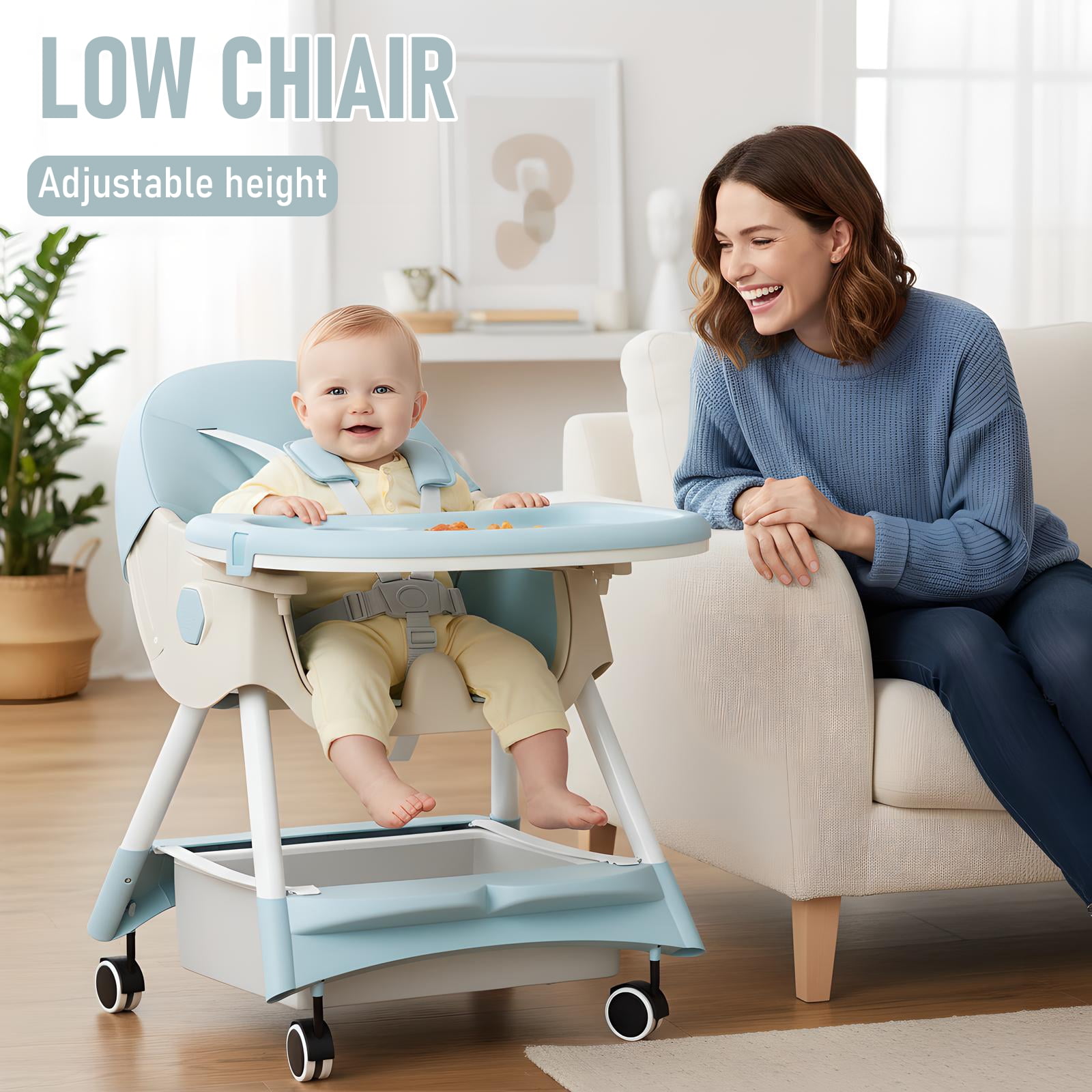 JieC 3 in 1 Baby High Chair, Foldable Baby Feeding Chair, for Infants and Toddlers 0-24 Months, Blue