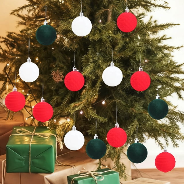 Seyotauo 16 Pcs Velvet Christmas Ball Ornaments -Flocked Shatterproof Christmas Tree Decorations Plastic Xmas Decorative Hanging Ornaments for Xmas Home Decor,4 Style