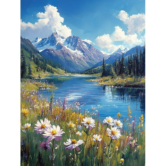 Mountain Lake Wildflowers Canvas Art Print，Suitable for Living Room，Office，Bathroom，Hotel Decoration