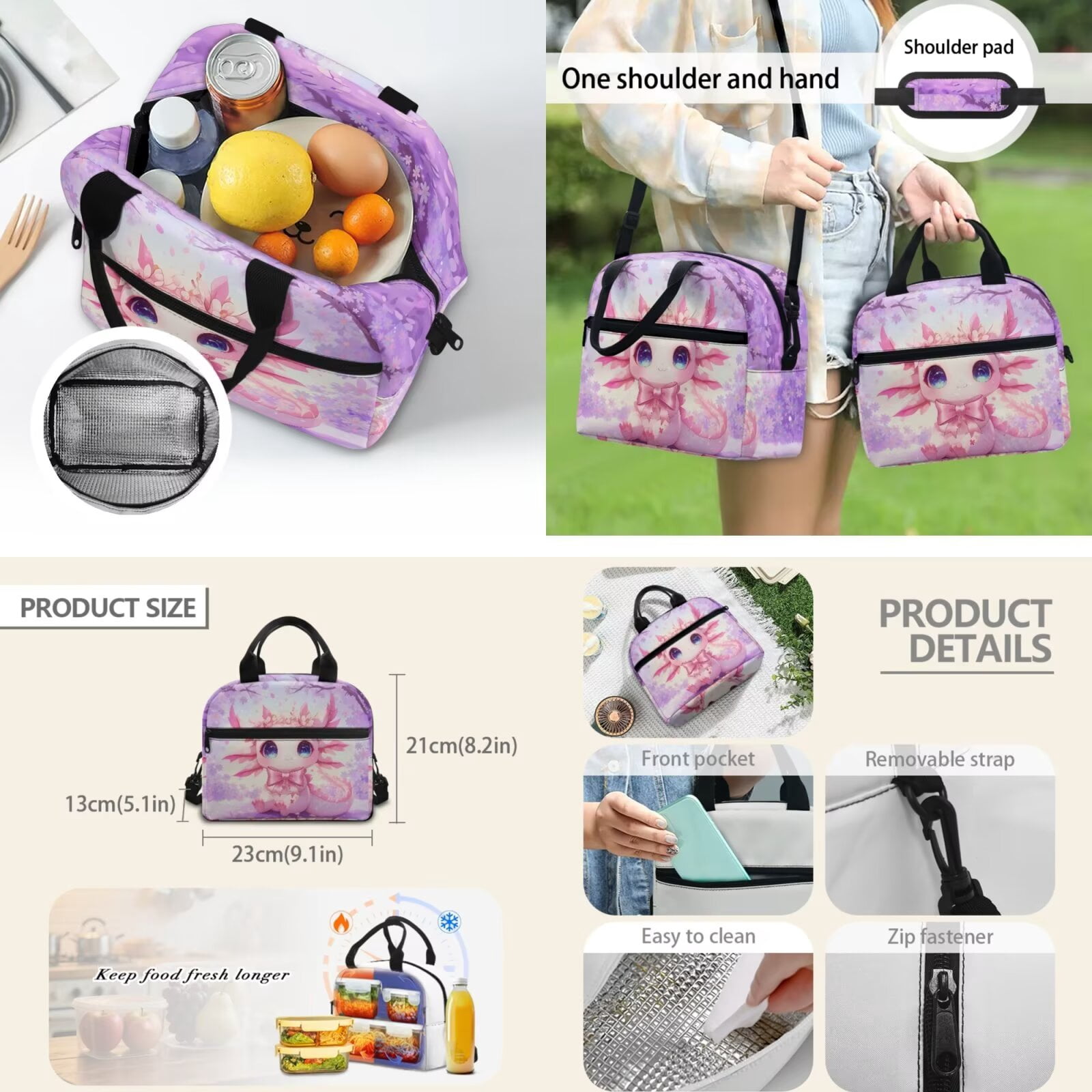 Pzuqiu Cherry Blossom Axolotl Backpack for Girls 4 Piece School Bookbag with Lunch Bag Lightweight School Bag for Girls 10-12 Elementary Backpack with Pencil Box 2pcs Bookmark