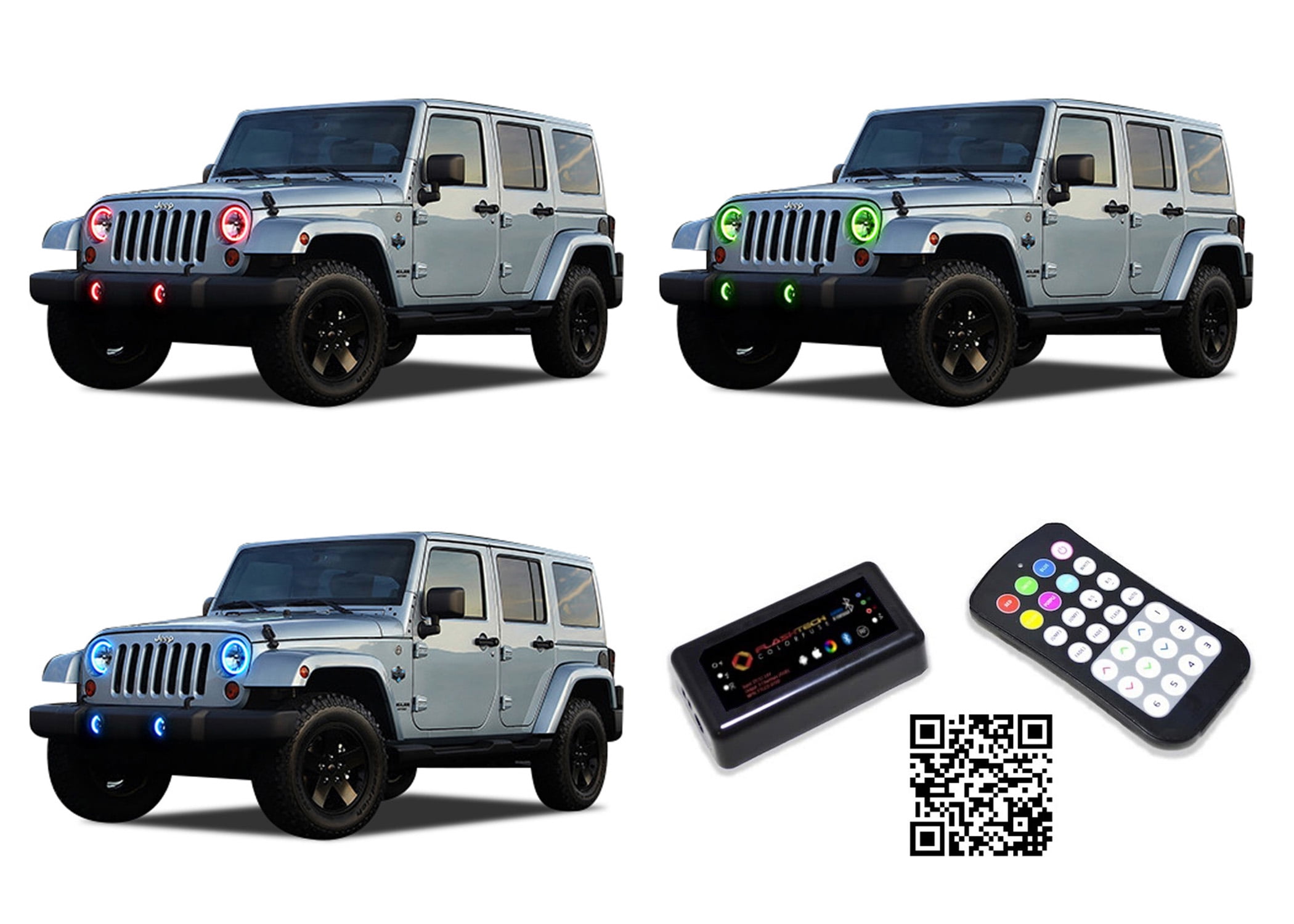 Flashtech LED RGB Multi Color Halo Ring Headlight and Fog Light Kit for Jeep  Wrangler 07-17 with ColorFuse Bluetooth RF Remote & APP 