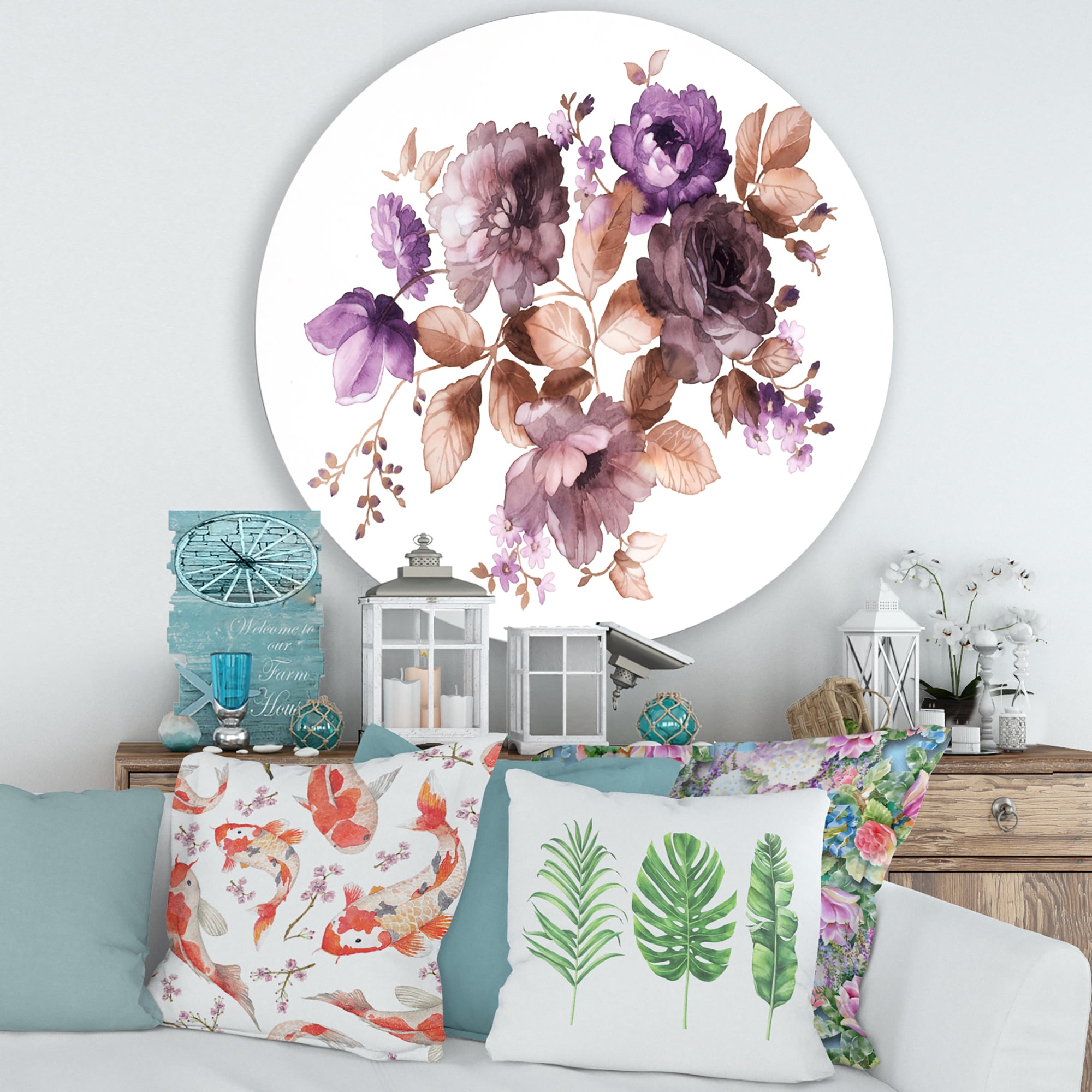 Designart 'Purple Retro Flowers With Brown Leaves On White' Traditional Circle Metal Wall Art 36x36 - Disc of 36