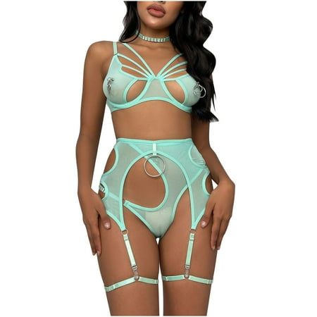 

Women s Mesh Sexy Hollow out Lingerie Set Large Circle of Metal Accessories