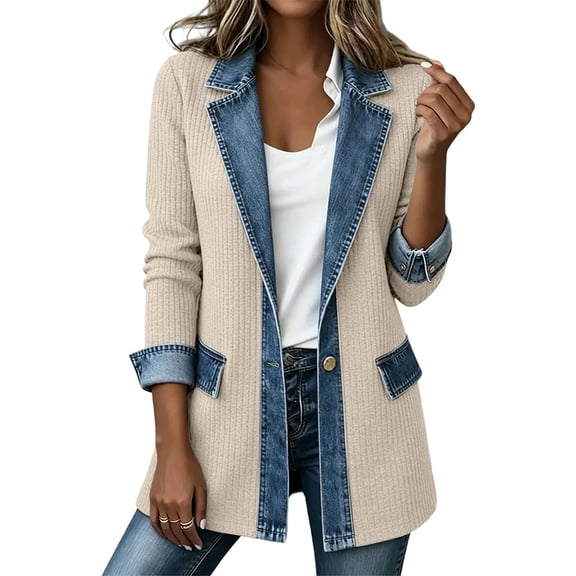 Sexlip Women Color Block Knit Blazer Denim Lapel Trim Single Button Mid Length Ribbed Textured Long Sleeve Cuffed Casual Layering Outer Coat With Patch Pockets Beige S