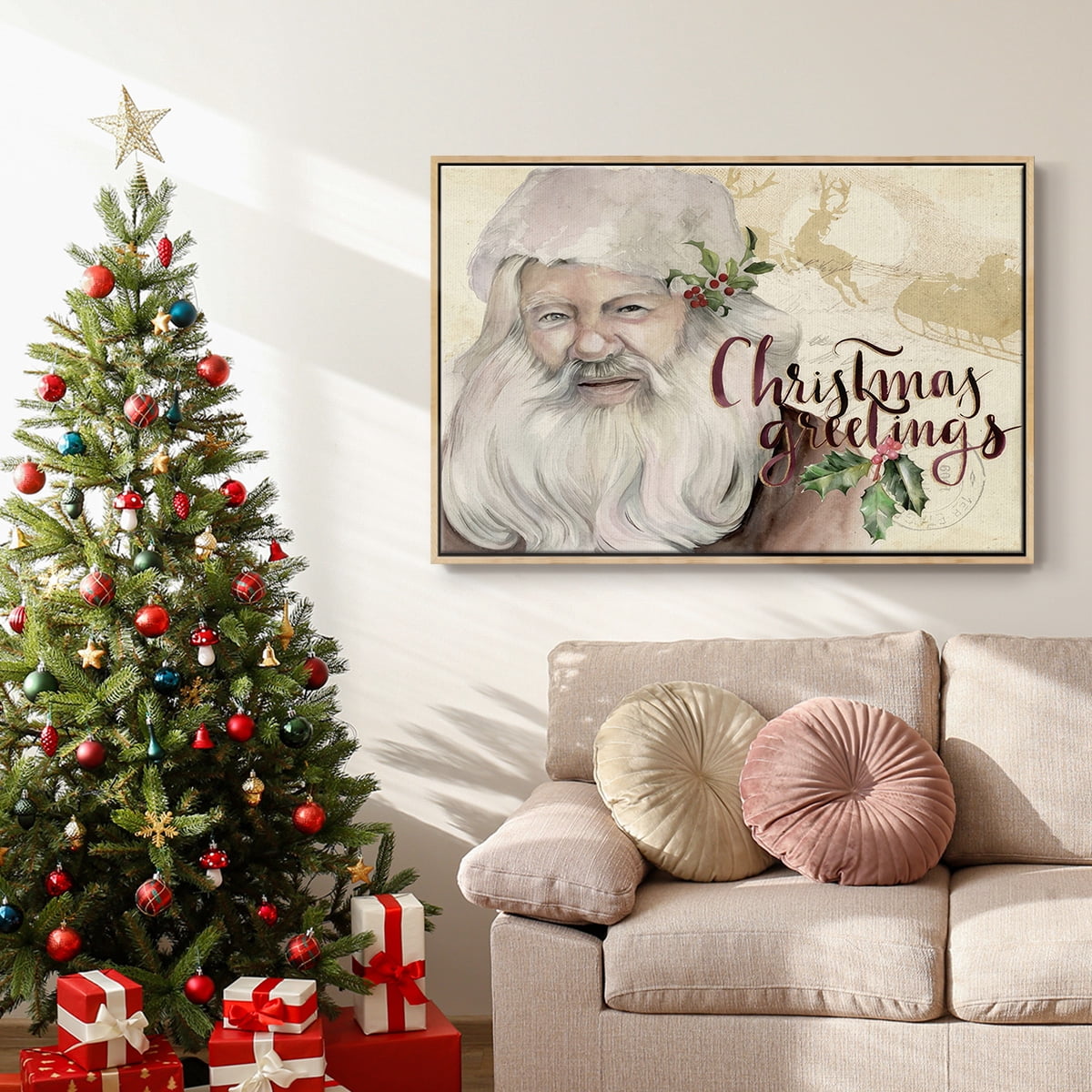 Christmas Greetings Collection A - Framed Gallery Wrapped Holiday Canvas - 17 x 25 - Natural Wood Frame