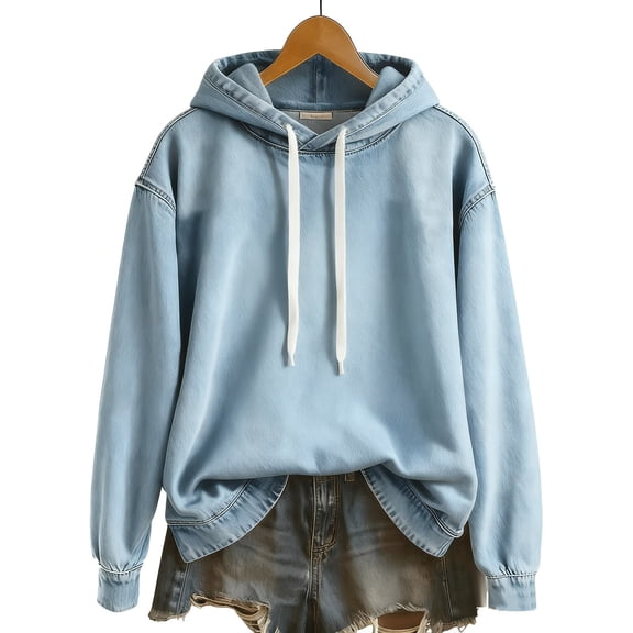 Casual Denim Sweatshirts for Women, Pullover Drawstring Hoodies, Base Warm Sweatshirts for Fall and Winter