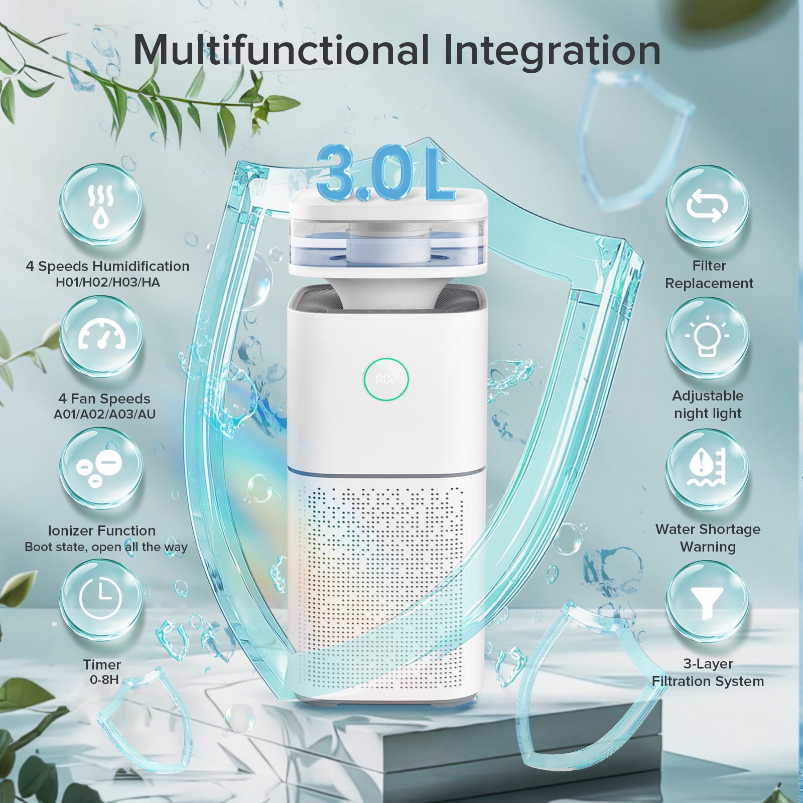 KISSAIR 2-in-1 Air Purifier and Humidifier Combo(CARB), H13 True HEPA Filter, Air Cleaners for Home/Office/Large Rooms(2676 Sq.ft), 99.97% Removal for Dust/Smoke/Pet Hair