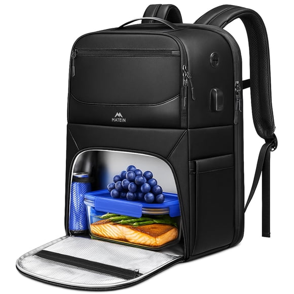 MATEIN Sac à Dos de Travail avec Compartiment Déjeuner, Sac à Dos de Préparation de Repas Imperméable avec Poche pour Couverts, Grand Sac à Dos pour Ordinateur Portable 17 Pouces avec Port USB, Insul