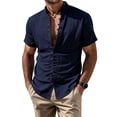 thumbnail image 3 of Men's Casual Button Up Shirt Polyester Blend | Short Sleeve Stand Collar With Breathable Fabric Beach Shirt | Sun Protection Vacation Tops Comfortable Daily | Zenithor,Navy 2XL, 3 of 9