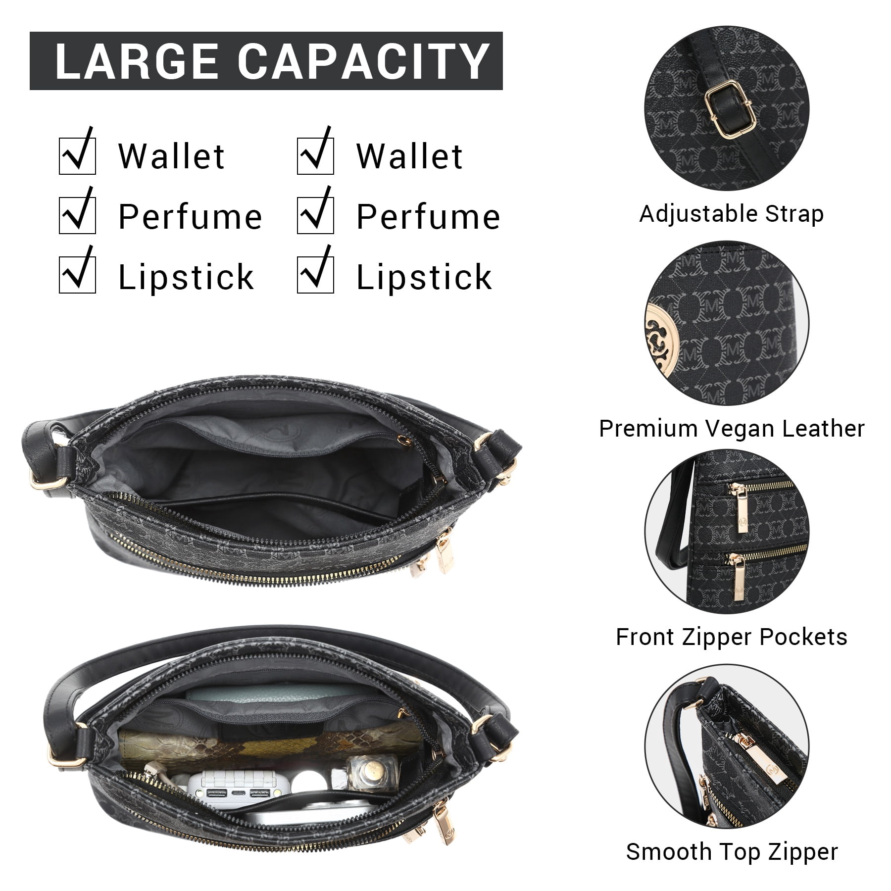 VANSARTO Crossbody Bags for Women Multi Pocket Crossbody Purses Trendy Vegan Leather Shoulder Handbags with Adjustable Strap, Black