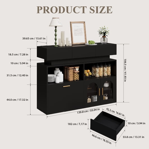 Home Coffee Bar Sideboard Cabinet, Practical Kitchen Storage Unit with 3 Drawers & Customizable Adjustable Shelf, Multifunctional Organizer for Pantry Dining Room