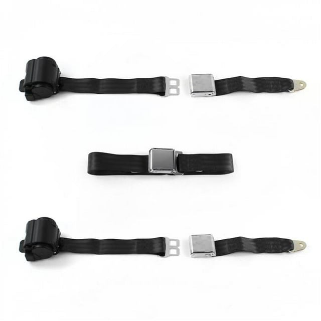 Black Retractable Bench Seat Belt Kit for 1980-1996 Ford Bronco Airplane 2 Point - 3 Belts