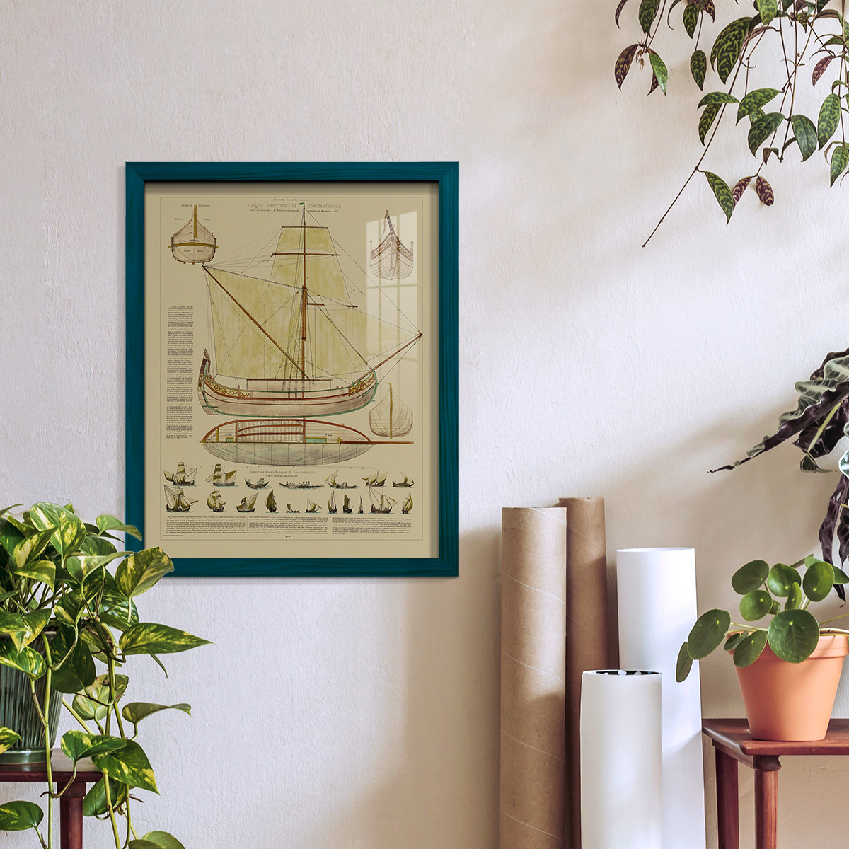Antique Ship Plan I -Framed Print w/glass-Ocean Blue