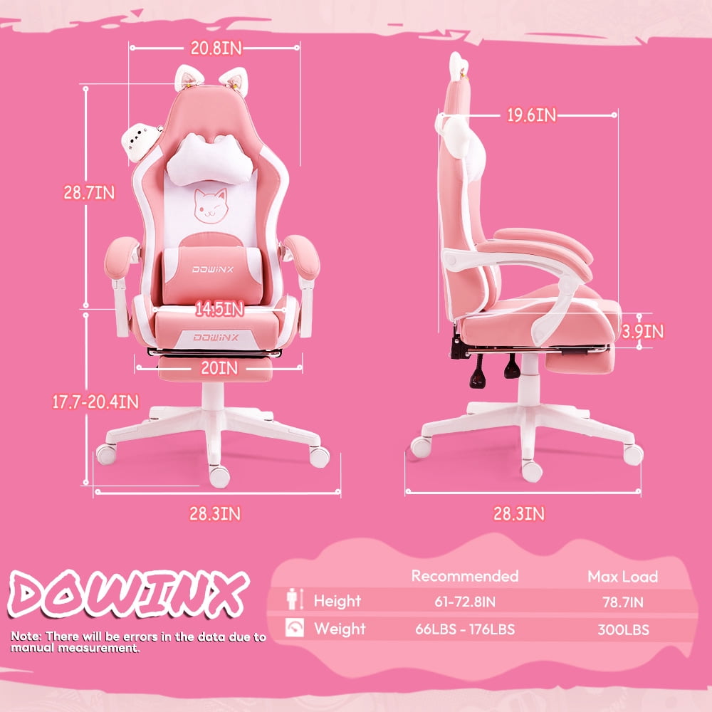 KARXAS Adult Cat Leather PC Gaming Chair with Massage Lumbar and Footrest,  Pink
