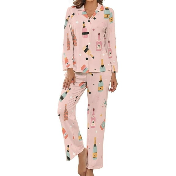 Top-kevin Pajama Sets for Womens Champagne Bottles Sparkle Loose Button Down Long Sleeve Shirts And Pants Set