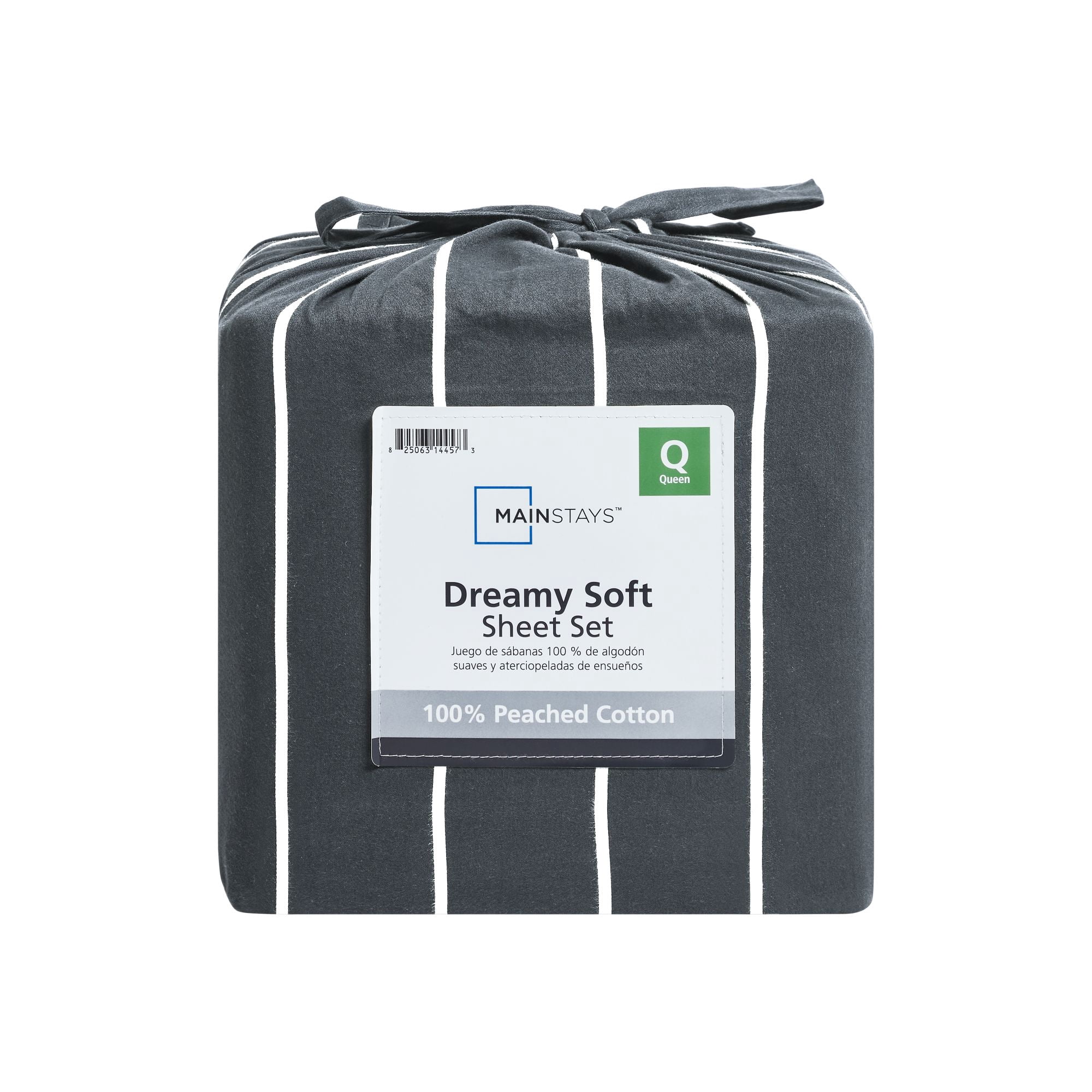Mainstays 4-Piece 100% Cotton Bed Sheet Set, 220 Thread Count Brushed and Washed Sateen, Deep Pocket, Queen, Grey Stripe