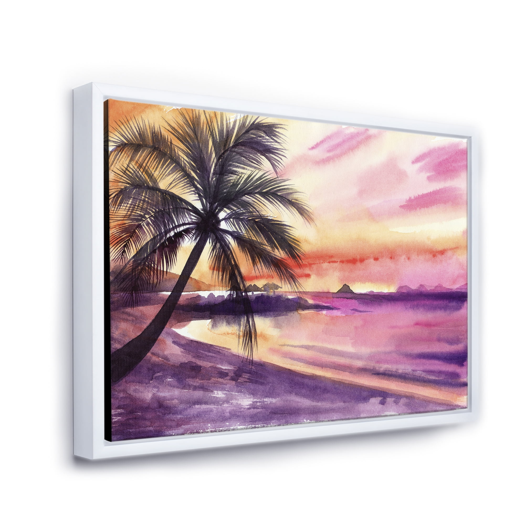 Designart 'Purple and Pink Palm Beach Sunset' Nautical & Coastal Framed Canvas Wall Art Print