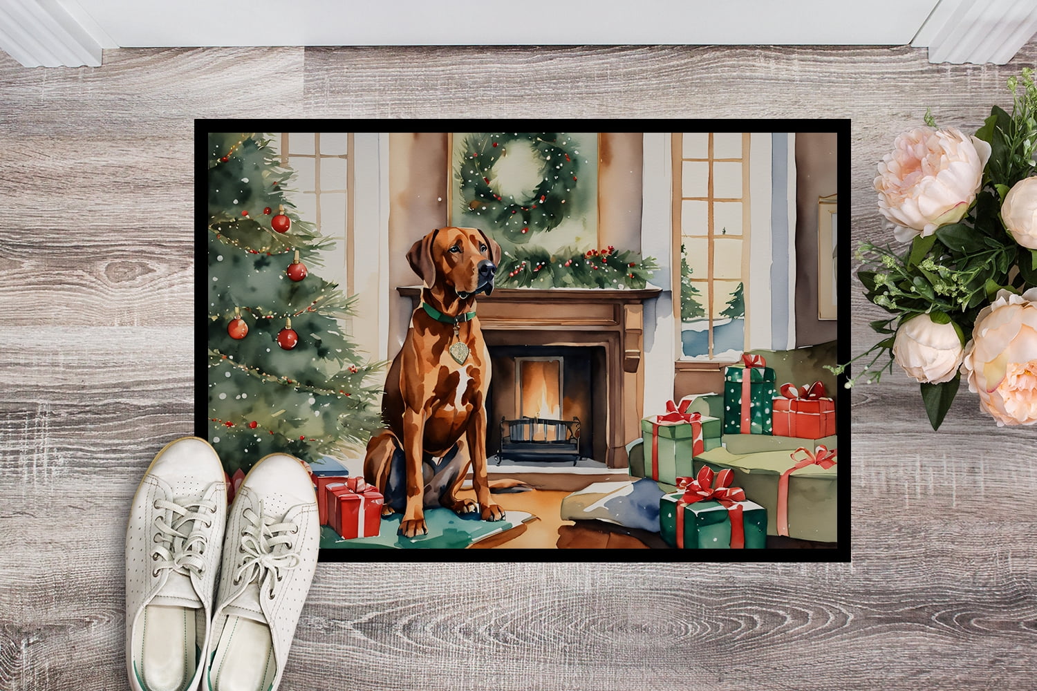 Carolines Treasures DAC2735MAT 0.15 x 18 x 27 in. Rhodesian Ridgeback Cozy Christmas Doormat