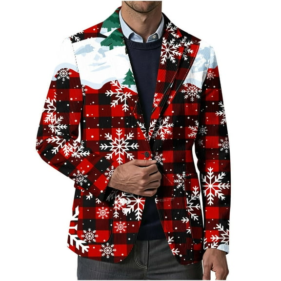 hlysgo Mens Christmas Blazers Trendy Snowflake Graphic Long Sleeve Sport Jacket Casual Stylish Corduroy Holiday Party Blazer Winter Suit Jackets Red XXXL