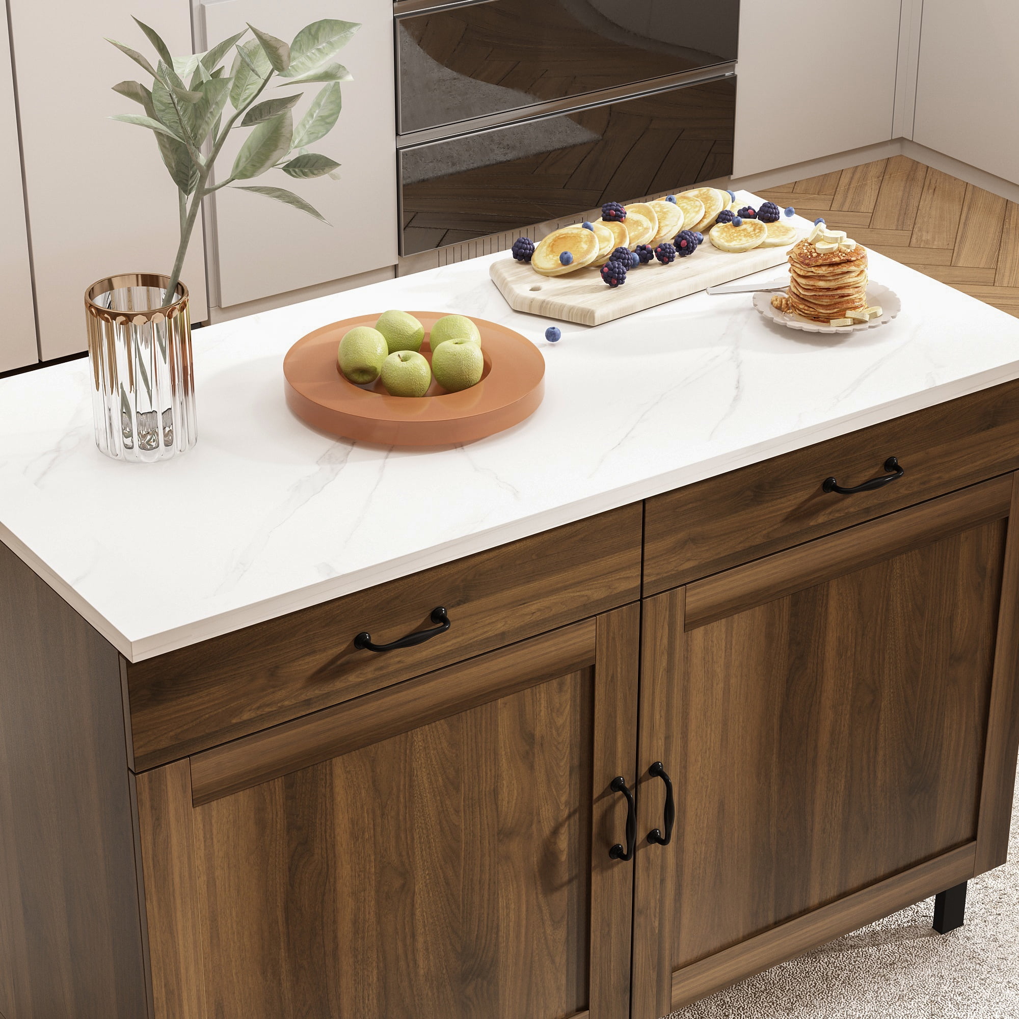 KULAGAGA Kitchen Island with Drawers, Buffet Storage Cabinet with White Marbling Top, Rustic Brown