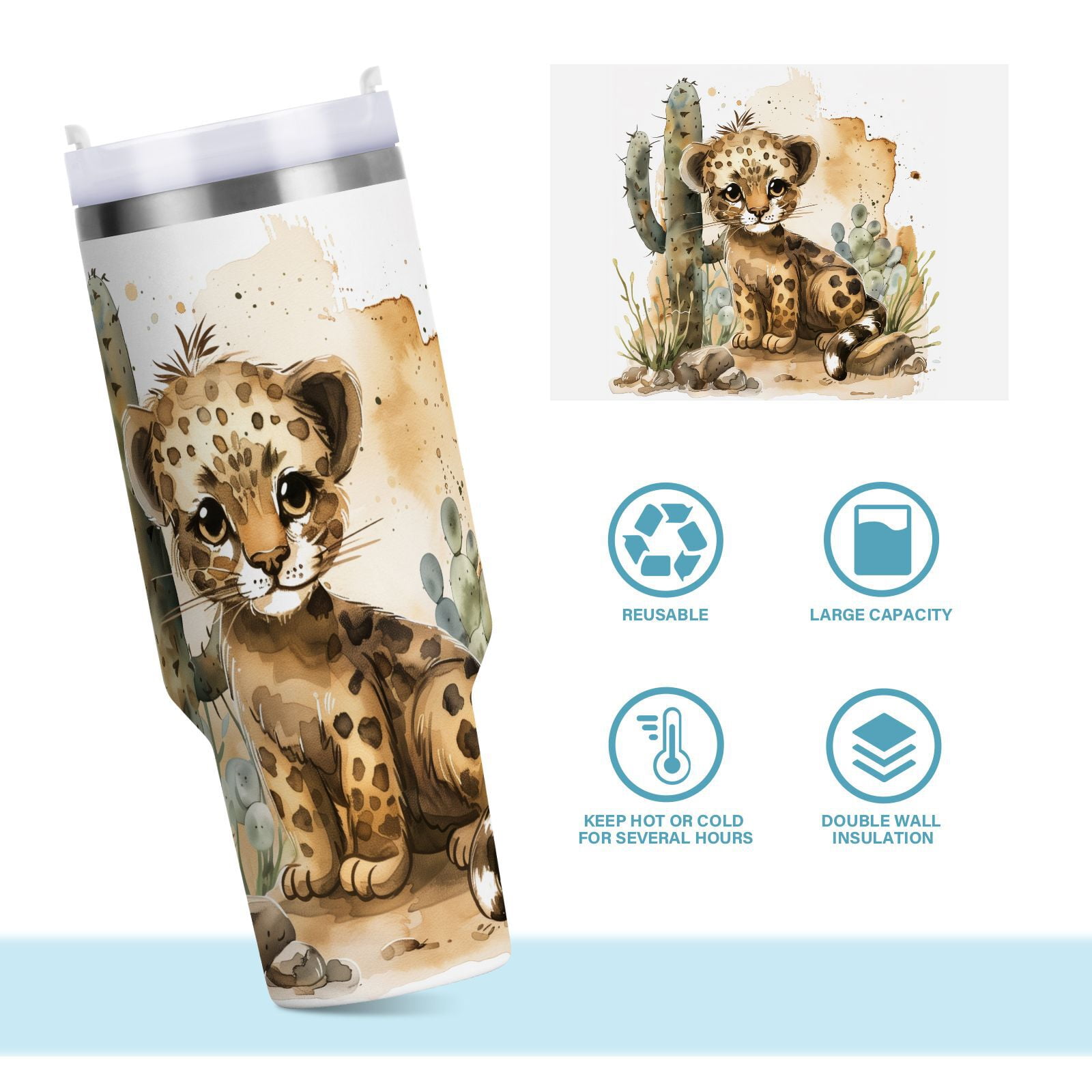 JSTEL Cute Leopard Baby 40 oz Tumbler Stainless Steel Water Bottle Vacuum Insulated Cup with Straw Lid & Handle For Travel Car Cup Holder