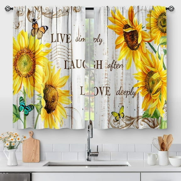 Sunflower Country Floral Kitchen Curtains - Rustic Vintage Flowers Farmhouse Short Cafe Curtains Retro Butterfly Decor for Living Room Window Drapes 36 Inch Length 2 Panels Set