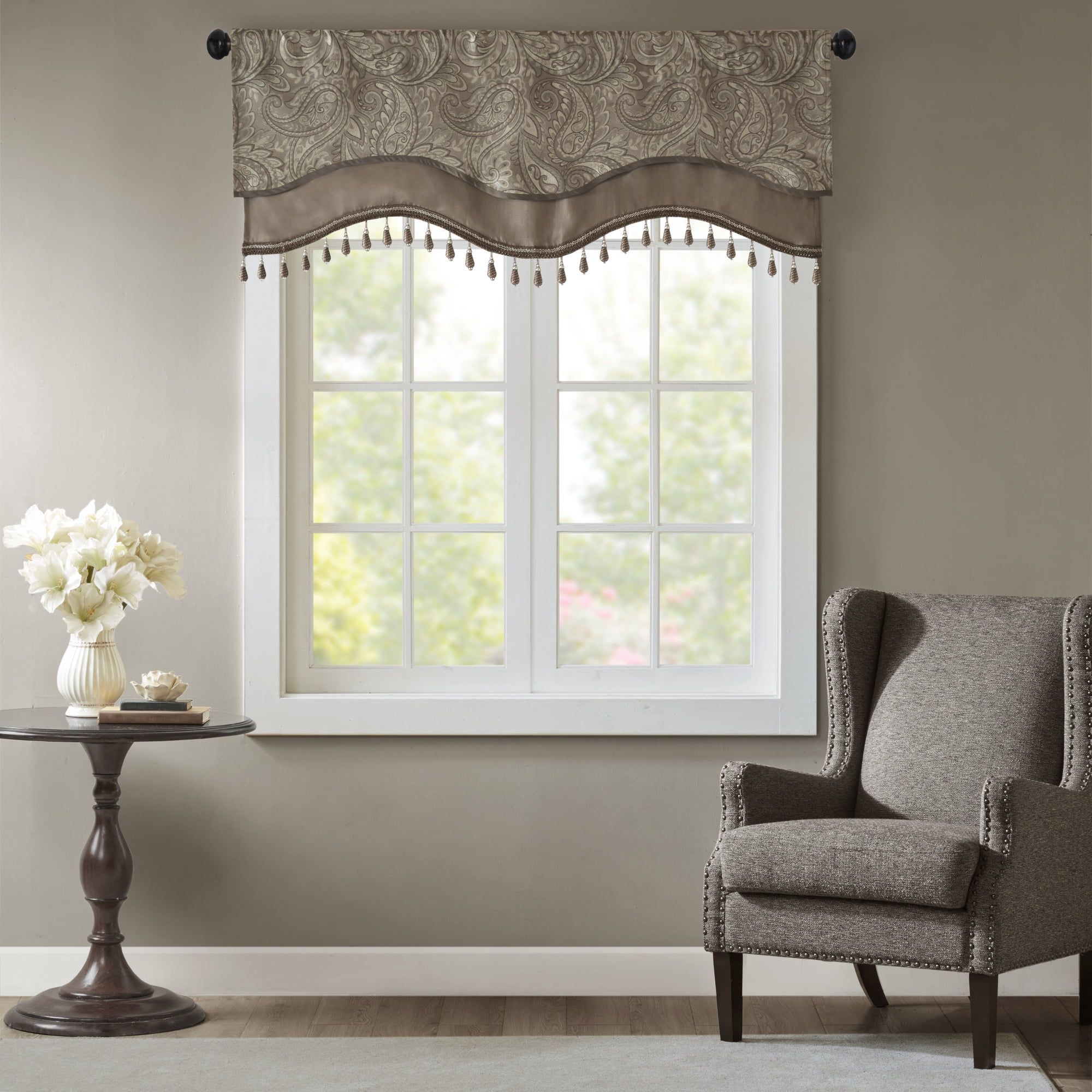 MAYEERTY 50x18" Jacquard Rod Pocket Valance - With Beads, Blue/Brown