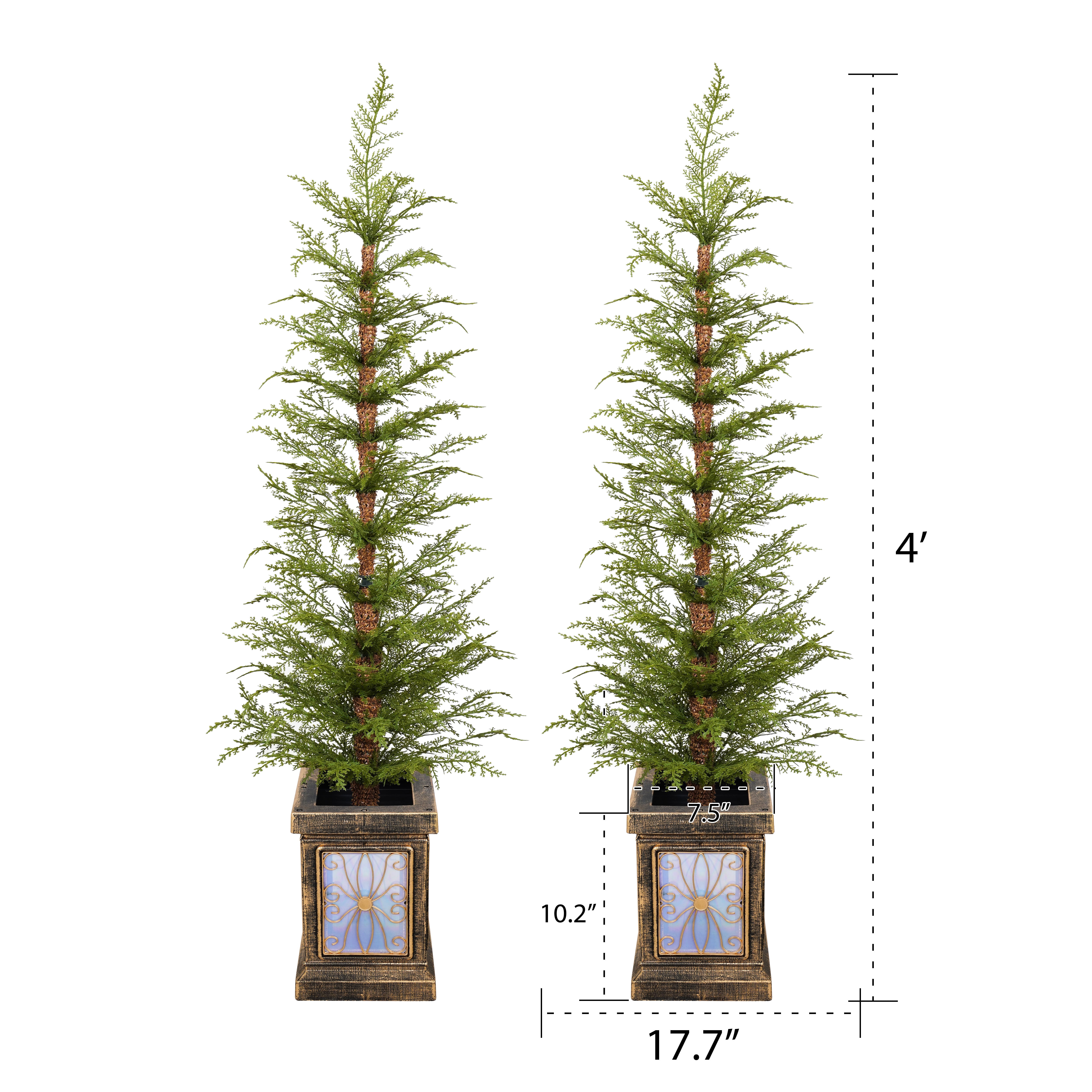 Set of 2 4ft Prelit PE Christmas Trees with Gold Pots Tabletop Mantel Doorway Holiday Decor