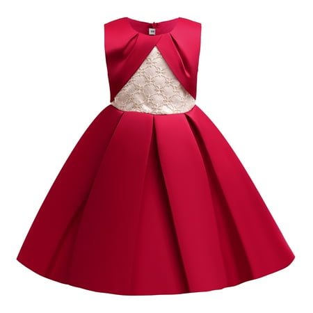 

OLLUISNEO 5-6 Years Little Girls Dress Tube Top Desgin Sleeveless Contrast Color Party Dress Red