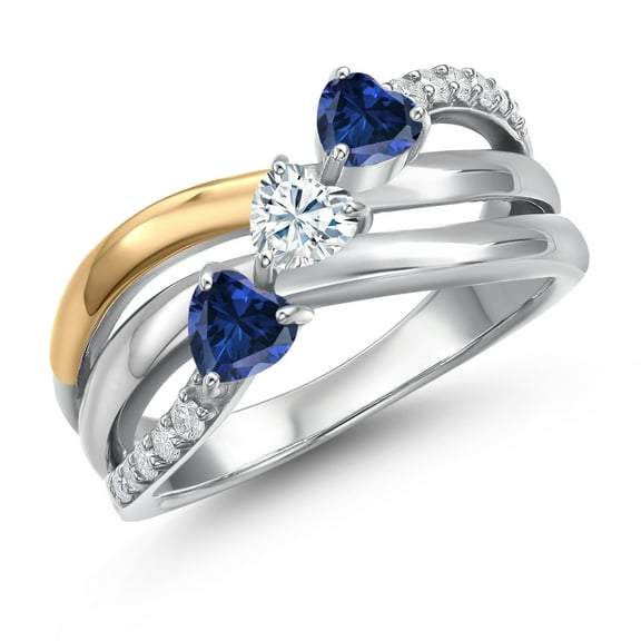 925 Silver and 10K Yellow Gold Blue Created Sapphire and White Moissanite and Lab Grown Diamond Engagement Ring for Women | 1.32 Cttw | Heart Shape Gemstone September Birthstone | Size 6
