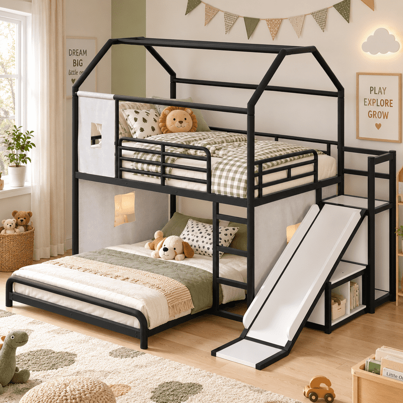 Full Over Full Metal Bunk Bed with Slide, Ladder, LED Light, Privacy Curtain and Movable Storage Cabinet, House-Shaped Kids Bunk Bed with Hanging Rod, No Box Spring Required