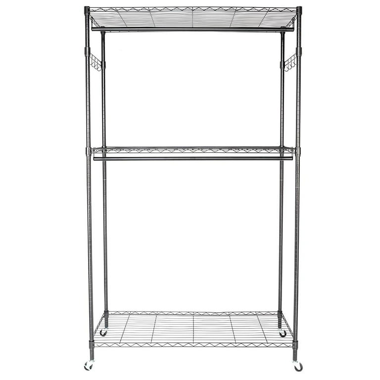 Hoctieon Heavy Duty Double Rod Clothing Racks for Hanging  Clothes,Extensible Garment Rack With Wheels,Clothes Rack with Wooden Bottom  Shelves