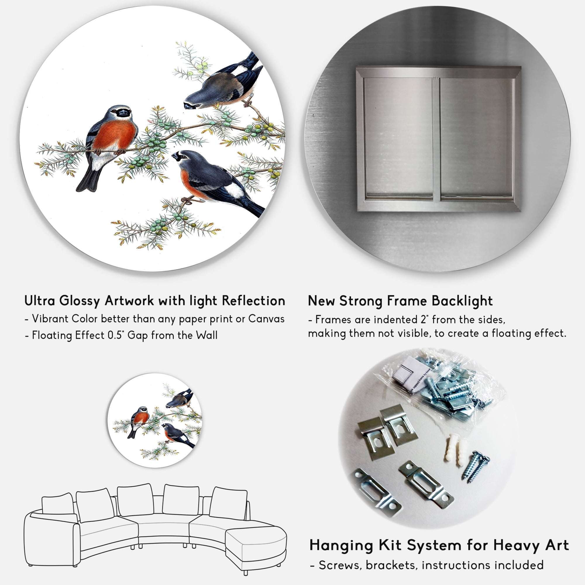 Designart 'Vintage Countryside Birds On Branch III' Farmhouse Circle Metal Wall Art 29x29 - Disc of 29